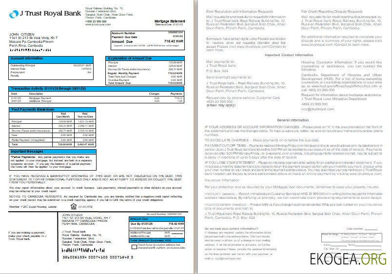 Cambodge J Trust Royal Bank Relevé hypothécaire, 2 pages, 1, 2 scr